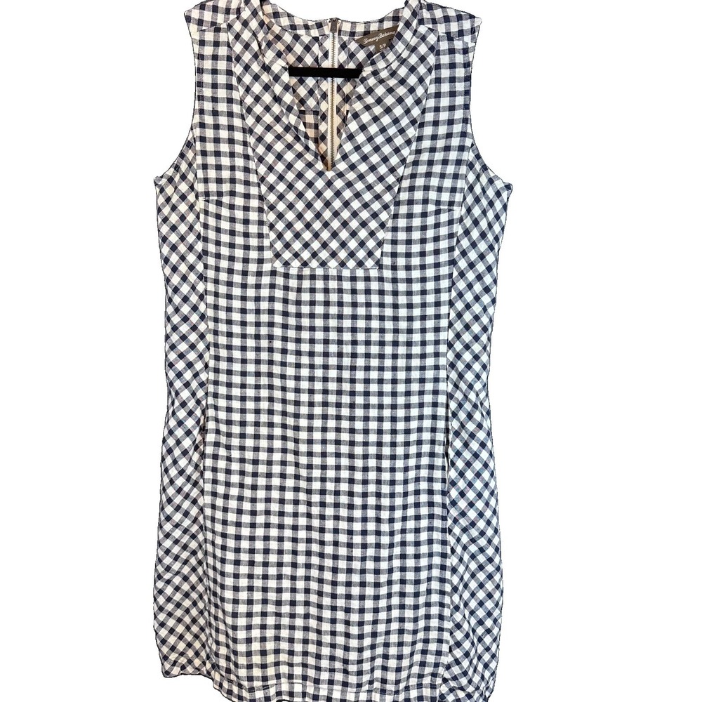 Tommy Bahama Navy Blue Gingham the Great Plaid Linen Shift Dress Small w/Pockets